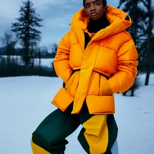 Image similar to realistic! photoshoot for a new balenciaga lookbook, color film photography, portrait of a beautiful woman wearing a puffer jacket, photo in style of tyler mitchell, fisheye lens