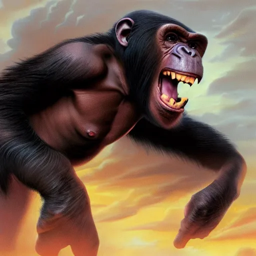 Image similar to Strong Angry Chimpanzee Screaming, Boris Vallejo, Epic, 8k resolution, ArtStation, Hyperrealistic