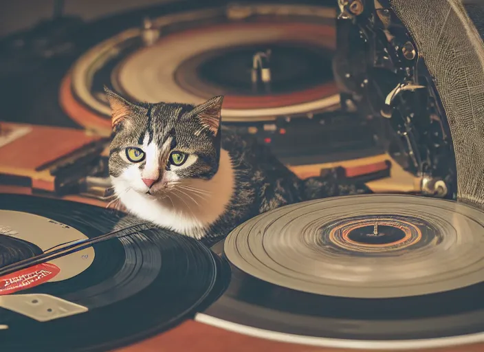 Image similar to photography of a Cat sitting on a record player. in a room full of vinyls and posters out of the 70's, photorealistic, raining award winning photo, 100mm, sharp, high res