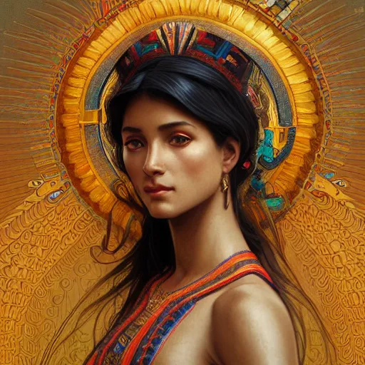 Prompt: portrait of an aztec goddess, intricate, elegant, highly detailed, digital painting, artstation, concept art, smooth, sharp focus, illustration, art by artgerm and greg rutkowski and alphonse mucha and william - adolphe bouguereau