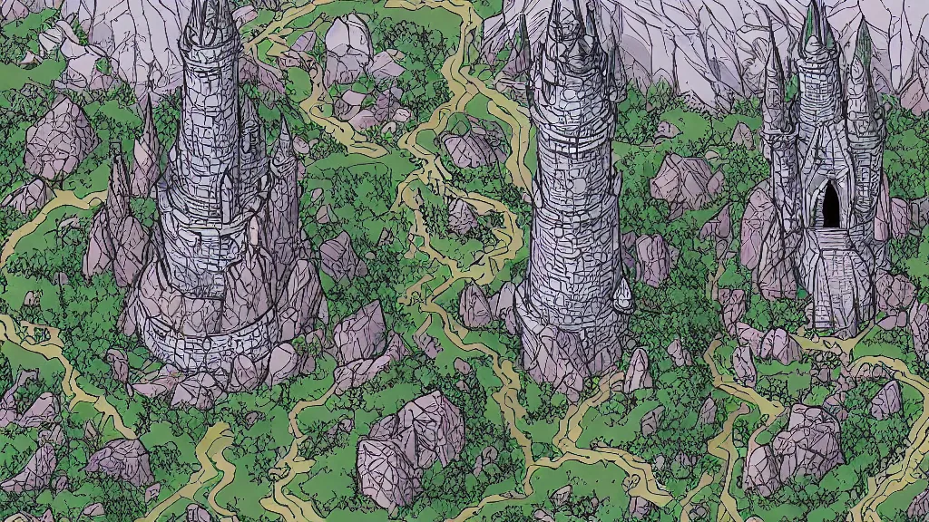 Prompt: aerial view of wizard tower surrounded by mountains, lineart, colored