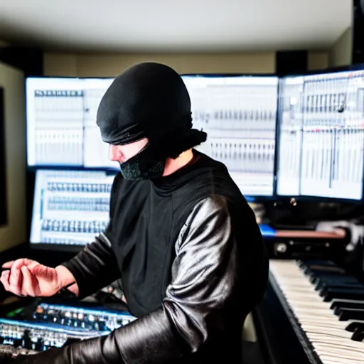 Image similar to photo of a drunk ninja in a music studio