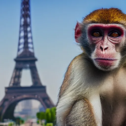 Image similar to high quality portrait of a monkey in front of eiffel tower, studio photograph, photograph, realistic photo, 8k photo, 4k photo, stock photo, high resolution, cinematic shot, high detail