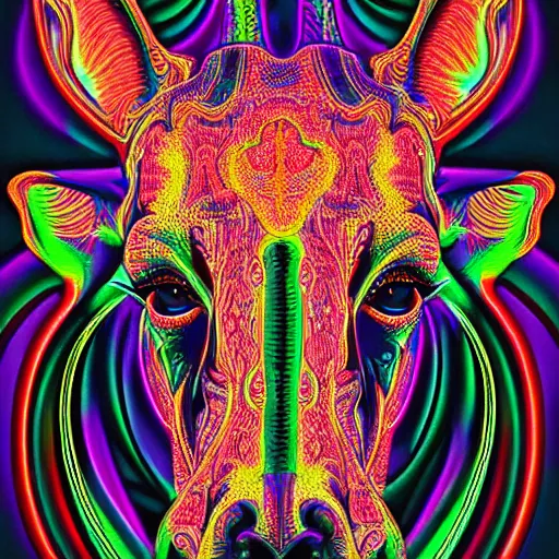Image similar to a symmetrical neon portrait illustration of a giraffe trending on artstation 4 k intricate extremely detailed digital art by alex grey