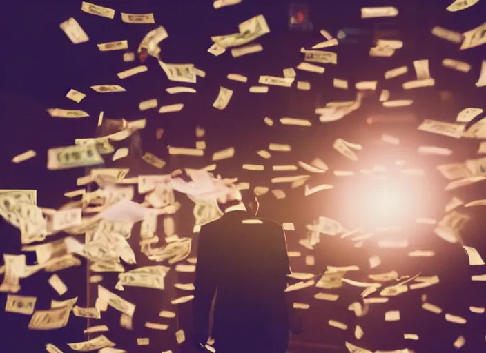 Image similar to a 3 5 mm photo from the back of a man walking through dollar bills flying through the air, splash art, movie still, bokeh, canon 5 0 mm, cinematic lighting, dramatic, film, photography, golden hour, depth of field, award - winning, anamorphic lens flare, 8 k, hyper detailed, 3 5 mm film grain