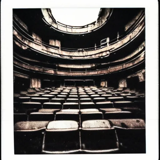 Prompt: old polaroid of a retro futuristic destroyed communist theatre, desolate, award winning, wide angle,