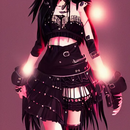 Image similar to goth anime girl in mini skirt and crop top intricate, extremely detailed, digital painting, artstation, concept art, smooth, sharp focus, illustration, intimidating lighting, incredible art,