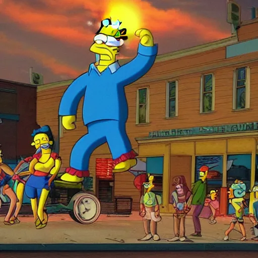 Image similar to An epic cinematic film still of the Simpsons Movie.