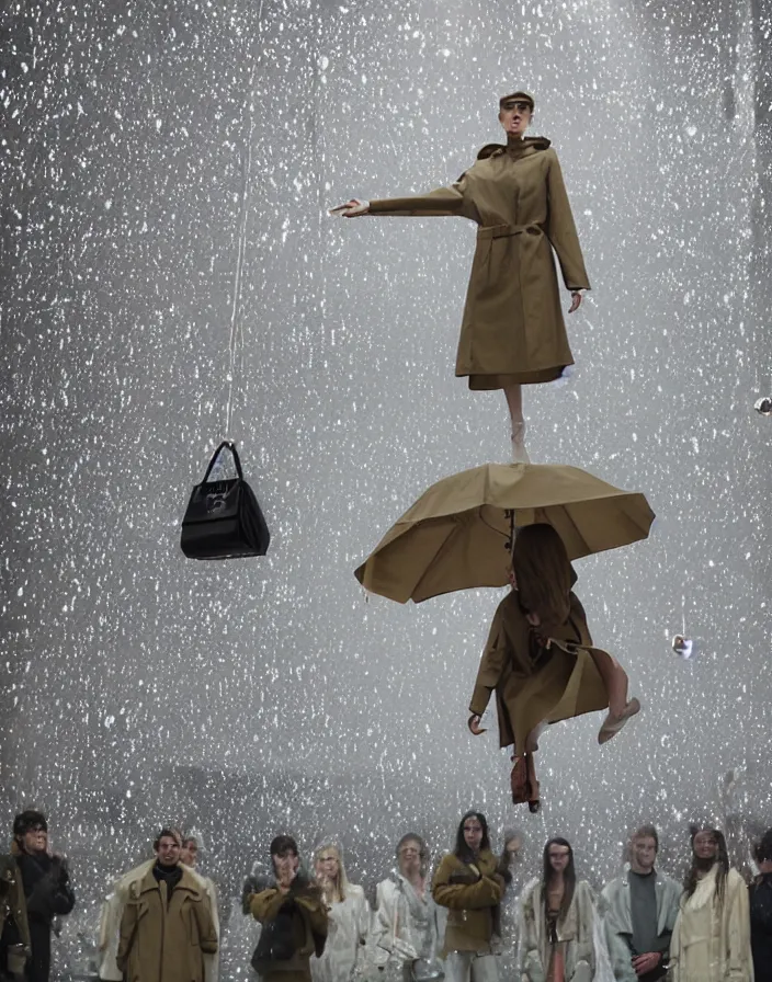 Prompt: one slick fashionable zara raincoat flying hanging mid - air on a glittering rainy display designed by james terrell, wes anderson, symmetry, rule of thirds