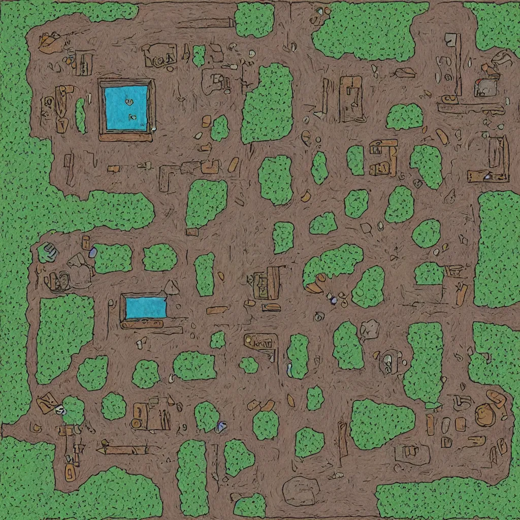 Image similar to simplistic bandit camp layout, art by allixander maps, acrylic drawing, fantasy, world, bright, clear, simple, sharpened