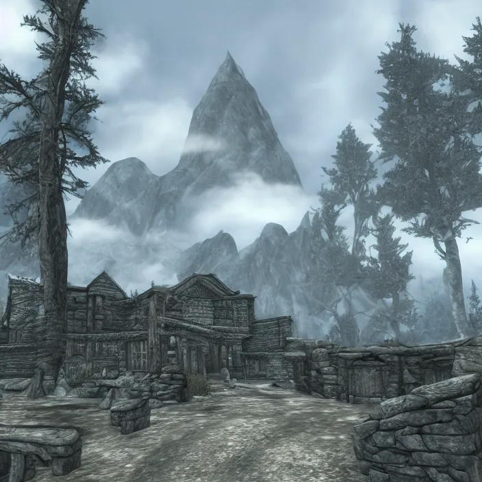 Image similar to a building in a serene landscape, skyrim