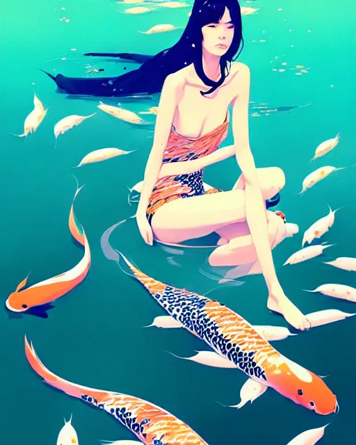 Image similar to a ultradetailed beautiful panting of a stylish woman surrounded by floating koi fish, by conrad roset, greg rutkowski and makoto shinkai, trending on artstation