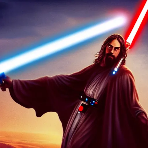 Image similar to jesus christ holding a lightsaber and fighting for the republic in star wars, 4 k, high resolution, still, landscape, hd, dslr, hyper realistic