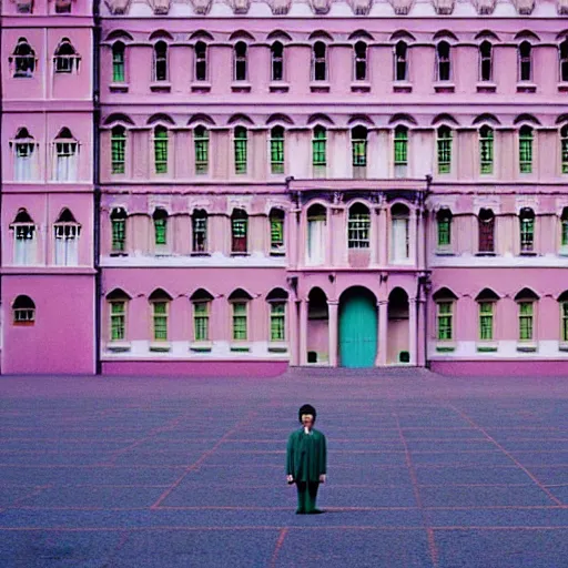 Image similar to Symmetric Wes Anderson film still in a Graduate School without people. Establishing shot. Architecture. 8k resolution. Pastel. Sharp. Whimsical. Symmetry. Stunning.