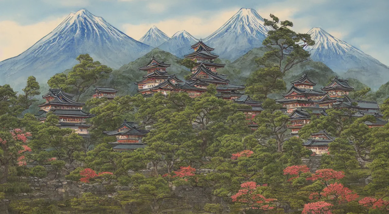 Prompt: a painting of a Japanese castle, with a garden as foreground, with mountains as background, trending on artstation