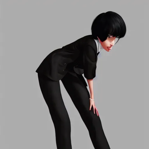 Image similar to slim girl in tuxedo with short black hair, elegant, 2d, ultra highly detailed, digital painting, smooth, sharp focus, artstation, art by Ilya Kuvshinov