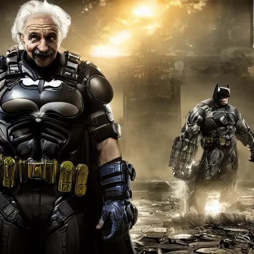 Image similar to 'Albert Einstein'! as Batman in Gears of War, splash art, movie still, detailed face, cinematic lighting, dramatic, octane render, long lens, shallow depth of field, bokeh, anamorphic lens flare, 8k, hyper detailed, 35mm film grain