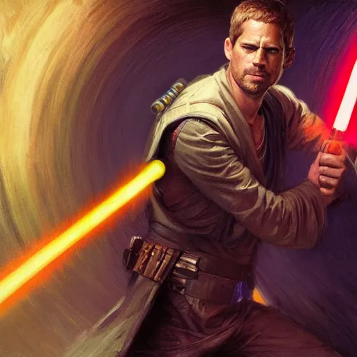 Prompt: Paul Walker as a jedi with lightsaber by Stanley Artgerm Lau, greg rutkowski, thomas kindkade, alphonse mucha, loish, norman Rockwel