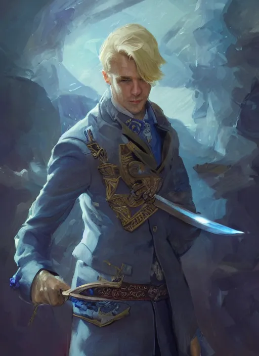 Image similar to a man in a blue suit with blond hair swinging a sword and holding a pistol, fantasy, d & d, heartstone, digital painting, volumetric light, intricate, sharp, focus, bloom, illustration, highly detailed, concept art, matte, ruan jia, randy vargas, greg rutkowski