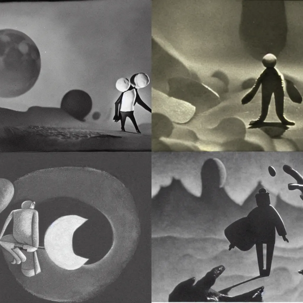 Prompt: still of the man in the moon, stop-motion Laika film (1924)
