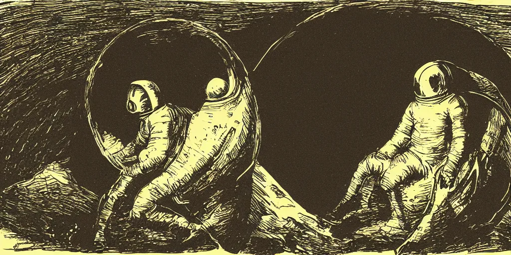 Image similar to portrait of a person wearing a space helmet on an alien planet, space and stars visible in the background, in the style of Goya etchings