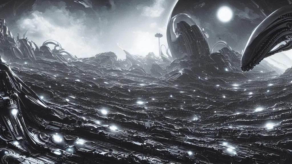 Prompt: a lot small slippery slime spaceships with xenomorph epic explode in space with unreal mechanized cybernetic detailed dilapidated planets, by giger, by tsutomu nihei, landscape, background sharp earth, black and white, sketch, futurism, 8 k