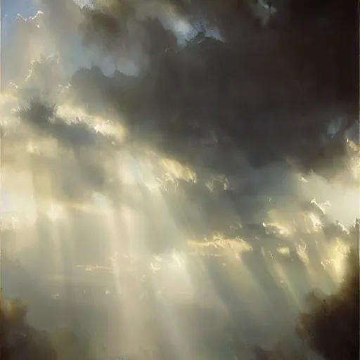 Prompt: heavenly clouds, volumetric lighting, rays shining through, painted by jeremy mann