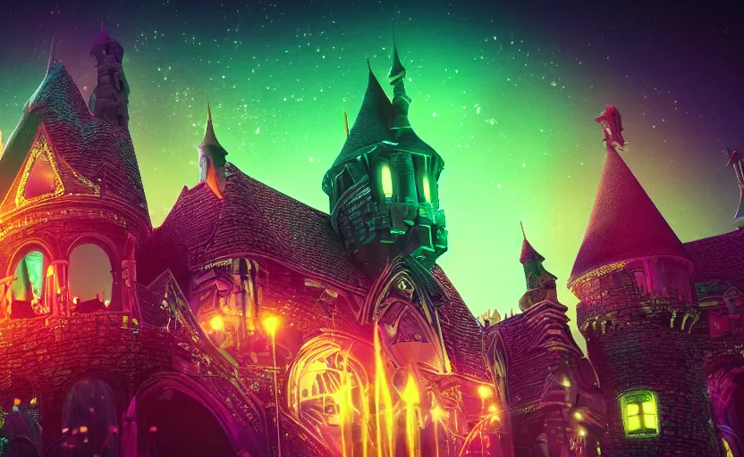 Image similar to enchanted castle, pro - vida, cosmic integration, cosmic color scheme, macro up view, neon, glow, darkness, dramatic, sharp focus, octane render, imax