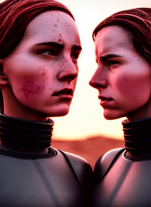 Image similar to cinestill 5 0 d photographic portrait of two loving female androids wearing rugged black techwear on a desolate plain with a red sky, extreme closeup, cyberpunk style, leather garters, dust storm, 8 k, hd, high resolution, 3 5 mm, f / 3 2, ultra realistic faces, ex machina