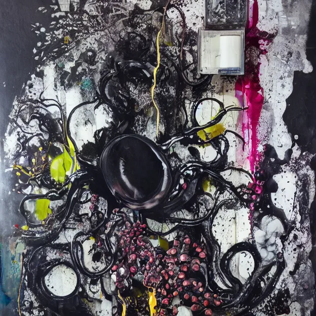 Prompt: black drips, portrait of a female art student, sensual, smashed scientific glassware, oscilloscope, x - ray, wilted flowers, squashed berries dripping, octopus, candlelight, neo - impressionist, surrealism, acrylic and spray paint and oilstick on canvas