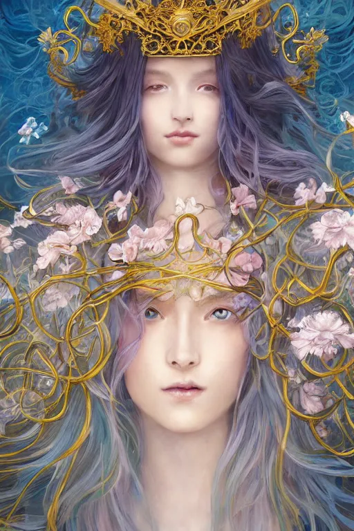 Prompt: breathtaking detailed soft painting of a knight queen with long flowing blue hair, pastel flowers petals and golden ribbons flying, art by pilyeon and yuumei art, symmetrical facial features, at dawn in front of a pristine golden art nouveau cathedral, elegant, volumetric lighting, highly detailed, artstation, concept art, matte, sharp focus,