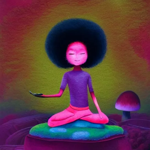 Prompt: a black girl with a colorful afro and big beautiful eyes meditating in a mushroom zen garden, bokeh, bright colors, synthwave, watercolor, volumetric wool felting, felt, macro photography, children illustration, by goro fujita