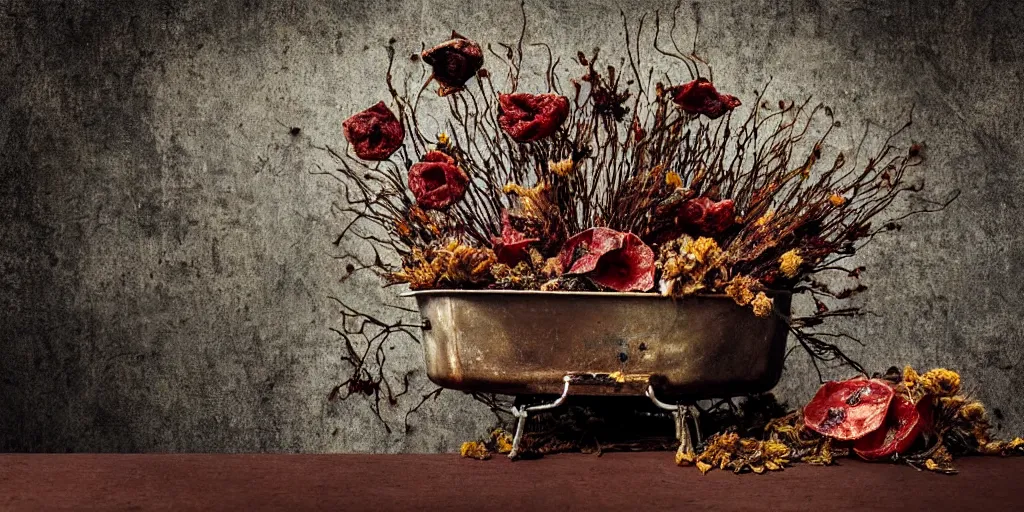 Image similar to side view, decaying rotting red fruits, moldy, on an antique distressed table top, dried flowers, metal kitchen utensils, old kitchen backdrop, dark kitchen, style by peter lippmann, intricate detail,