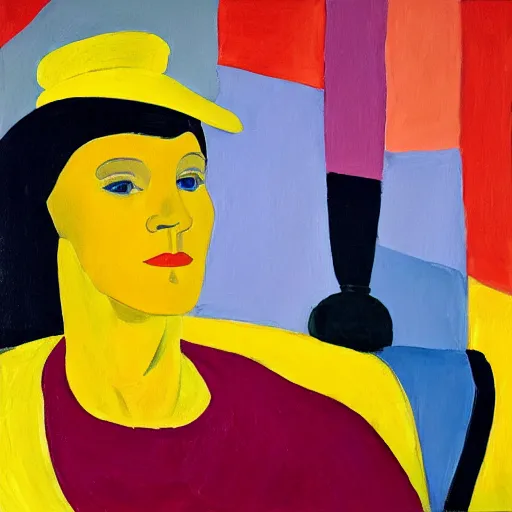 Prompt: a painting of a woman wearing a yellow hat, a gouache by alex katz, behance contest winner, precisionism, studio portrait, oil on canvas, fauvism