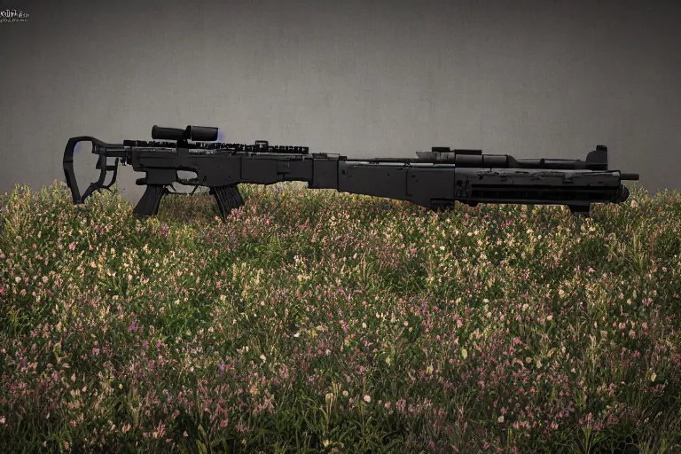 Image similar to overgrown heckler & koch mp 7 ai. octane render. substance painter painter. black, matte metal. flower field. photoreal.