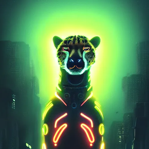 Image similar to a beautiful commission portrait of a male anthro cheetah wearing a neon glowing jacket,futuristic,detailed face,mohawk,cyberpunk city,deviantart,artstation,art by greg rutkowski,ross tran,professional lighting,neon city,night,raytracing,highly realistic,4k,dramatic,hyperrealism