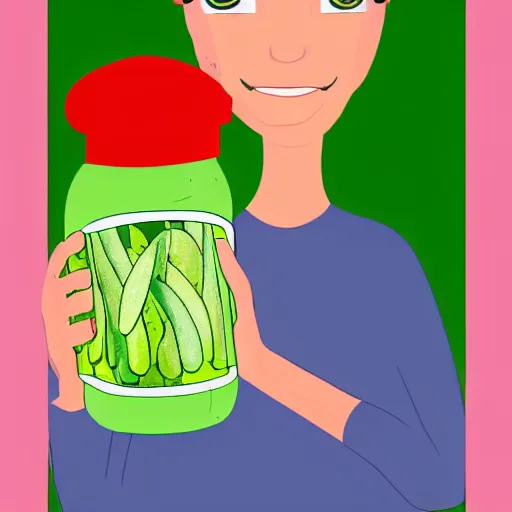 Prompt: chlidrens illustration of a smiling girl with short grey red hair proudly holding a fido jar into the camera. the jar is filled with big green pickles. by dr. seuss