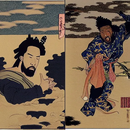 Image similar to ODB wu-tang rapping, portrait, style of ancient text, hokusai