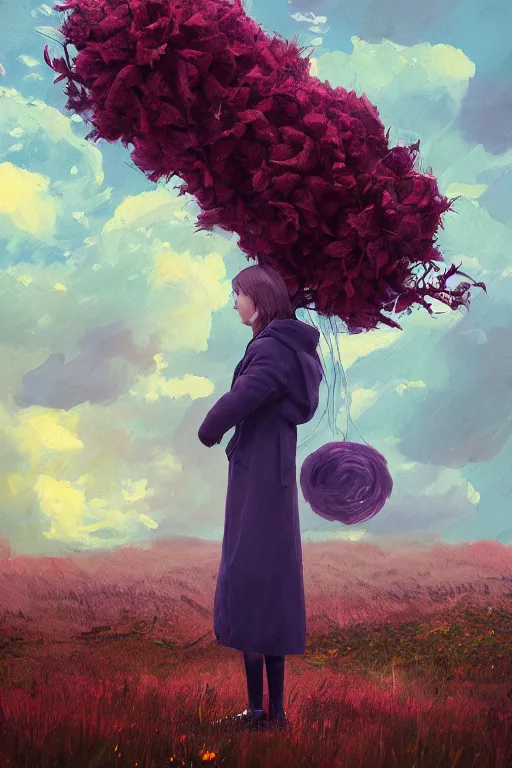 Image similar to portrait of giant flower head, a girl with coat between bushes, surreal photography, wind and cold, dramatic sky, impressionist painting, digital painting, artstation, simon stalenhag