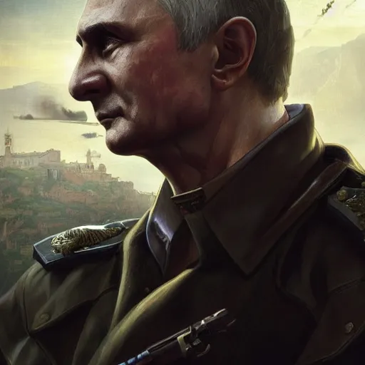 Image similar to Death of Vladimir Putin as General Sebastiano Di Ravello from Just Cause 2 game, portrait, highly detailed, digital painting, artstation, concept art, smooth, sharp focus, illustration, cinematic lighting, art by artgerm and greg rutkowski and alphonse mucha