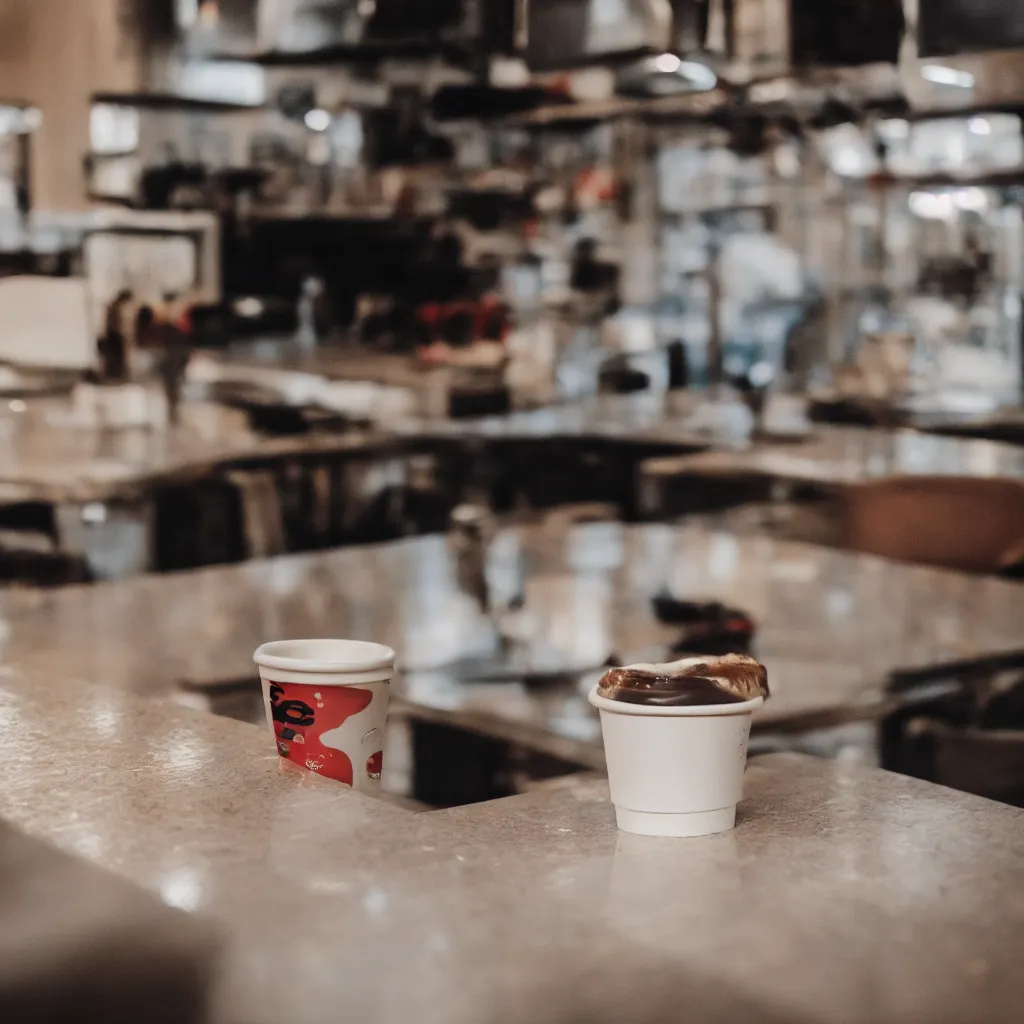 Image similar to a disposable coffee cup sitting on a diner counter, Sigma 24 mm f/8 – wider angle