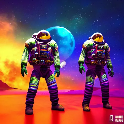 Prompt: three amigos on a space adventure, psychedelic colors, extremely detailed, trending on artstation, 8k unreal engine