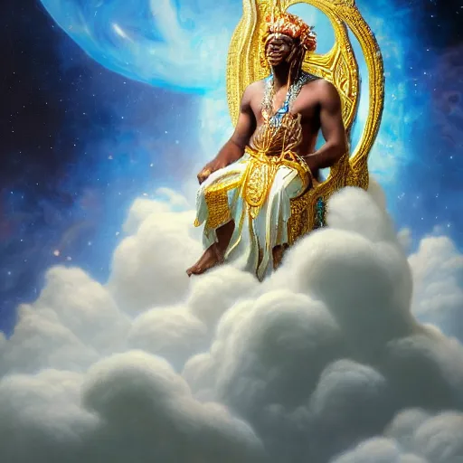 Image similar to obatala the cosmic god sitting on a throne of nebula clouds, by Adi granov and thomas blackshear and afarin sajedi, matte painting, volumetric lighting, piercing eyes, detailed face, orisha, 8k, hd