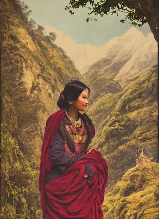 Prompt: vintage_portrait_photo_of_a_beautiful_beautifully_lit_nepalese_Victorian_woman_in_a_lush_valley_with_a_tibetan_monastery_on_a_rock_in_the_background, realistic detailed face