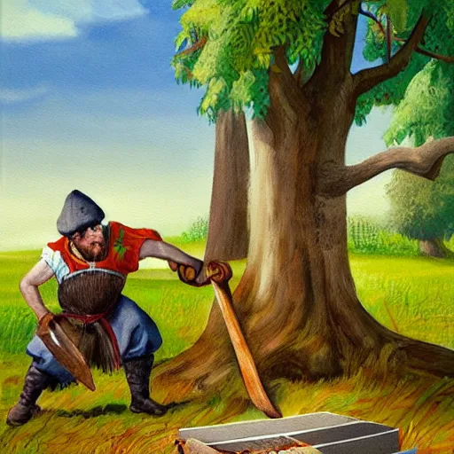 A painting of a peasant cutting down a tree with an stable diffusion