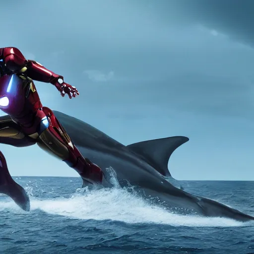 Image similar to film still of iron man in the shape of shark in the movie jaws, photography, trailer, 4 k