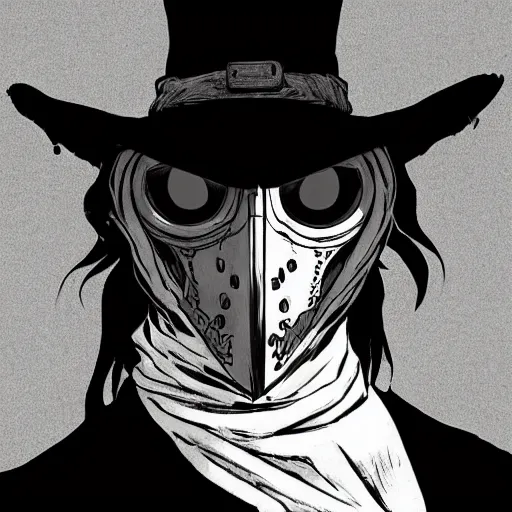 Prompt: a portrait of a plague doctor gunslinger, dark fantasy, horror, western, hell, ultrafine detailed digital pencil art by takeshi obata and mike mignola and greg rutkowski, death note style, colored, symmetric body, cgsociety, sharp focus, detailed face, looking at the camera