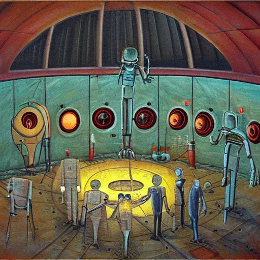Image similar to robot being reanimated inside a dome - shaped control center, evil lair, lowbrow surrealism, pj crook, oil on canvas