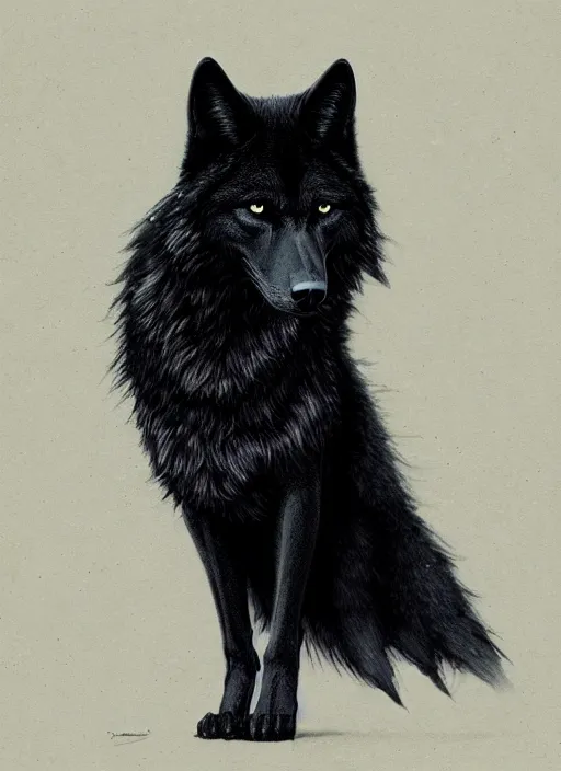 Image similar to a black wolf sitting looking forward, art nouveau, D&D, fantasy, elegant, highly detailed, digital painting, artstation, concept art, matte, sharp focus, illustration, art by Artgerm and Greg Rutkowski and WLOP