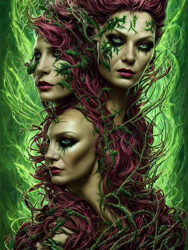 Prompt: cinematic fullbody portrait. complex hyper-maximalist overdetailed cinematic cosmic scifi portrait of an elegant very attractive but wild and dangerous reptilian goddess by andrei riabovitchev, tomasz alen kopera, oleksandra shchaslyva. Omnious intricate. Secessionist portrait illustration. Poison goddes. Slightly Reminds to poison ivy. Focus on face. Artstation. Deviantart. 8k 4k 64megapixel. Rendered by binx.ly.